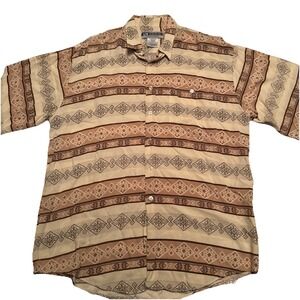 Untied Mens Large Rayon Short Sleeve Button Up Shirt Geometric Tribal Tan Brown